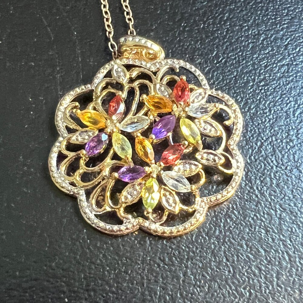 Vintage RSE Sterling Purple Yellow Stone Necklace 925 and Gold Tone Chain
